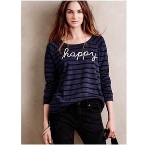 Anthropologie Sundry Happy Stripe Sweatshirt Navy Blue Embroidered